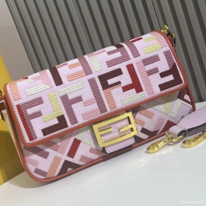 Affordable HOT Pink Multi Motif Bag Medium In Fendi FF Canvas Baguette 0809